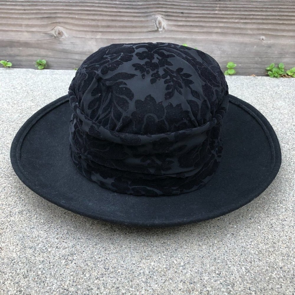 TINA LUXE Commodore Floral Wide Brim Fedora Hat Women's Black 100% Wool Cap‌